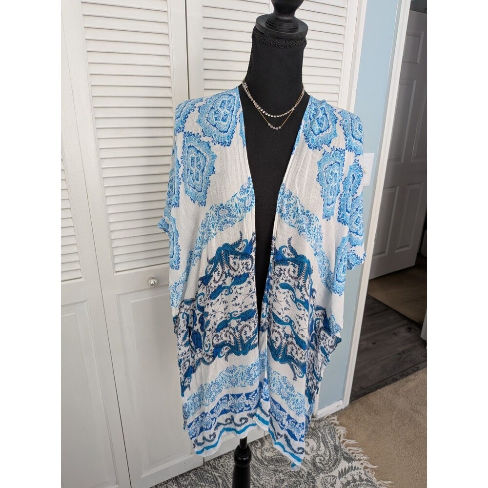 Chicos Kimono Womens S/M Blue Gauzy Tropical Blouse Top Pool Coverup Resortwear